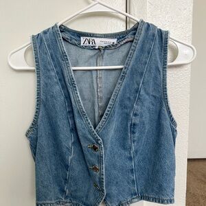 Zara Light Blue Denim Button-Front Tank Vest